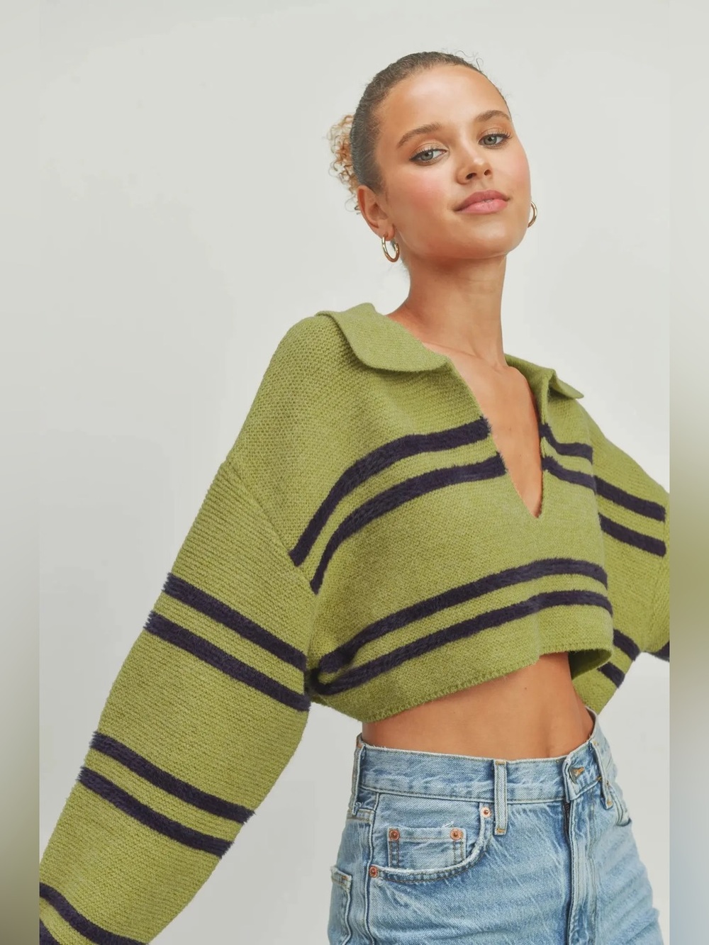 BNWT Buttermelon Stripe Cropped Sweater in Green & Navy - Size Medium